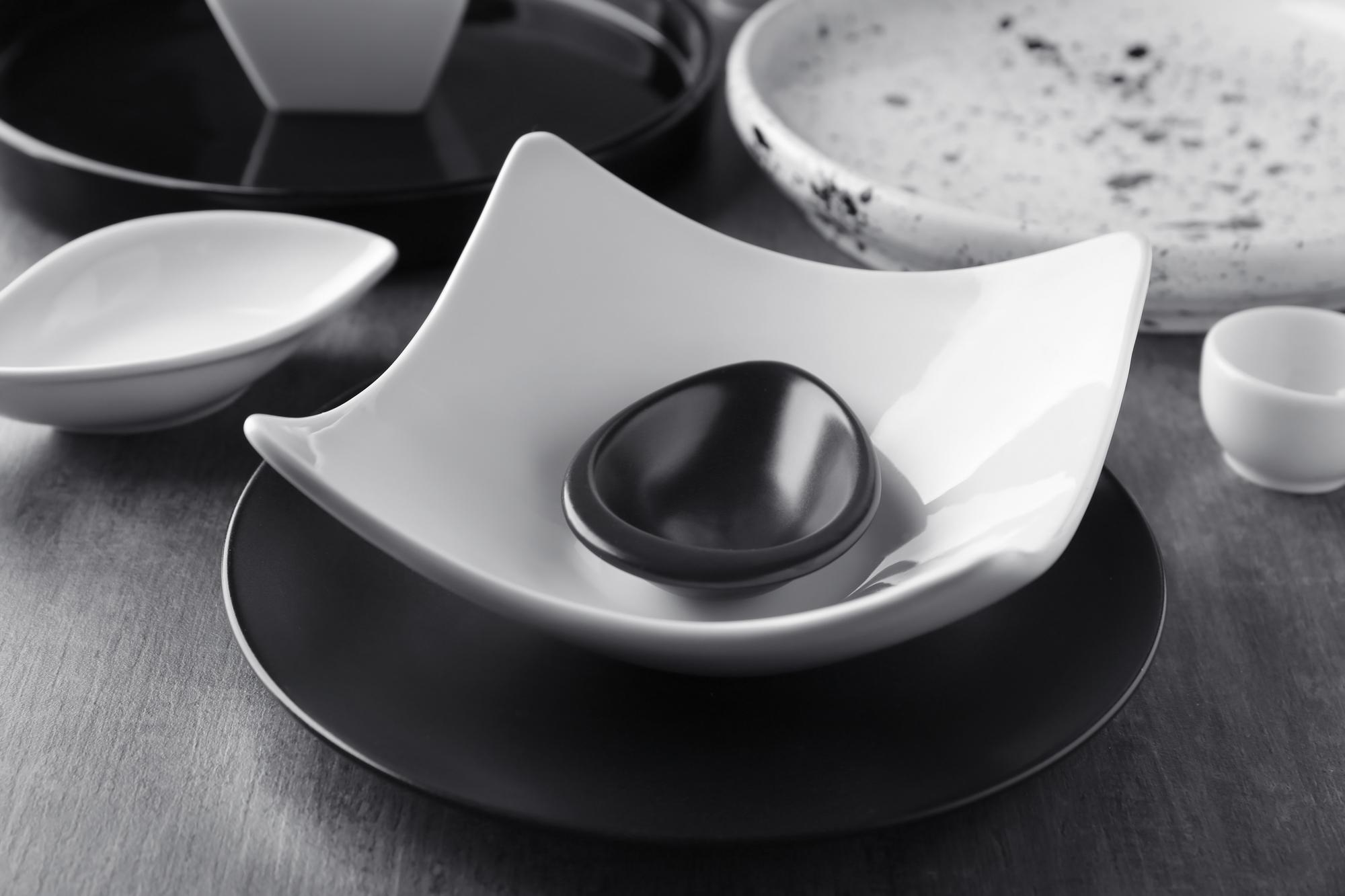 close-up of modern kitchen tools and plated dessert
